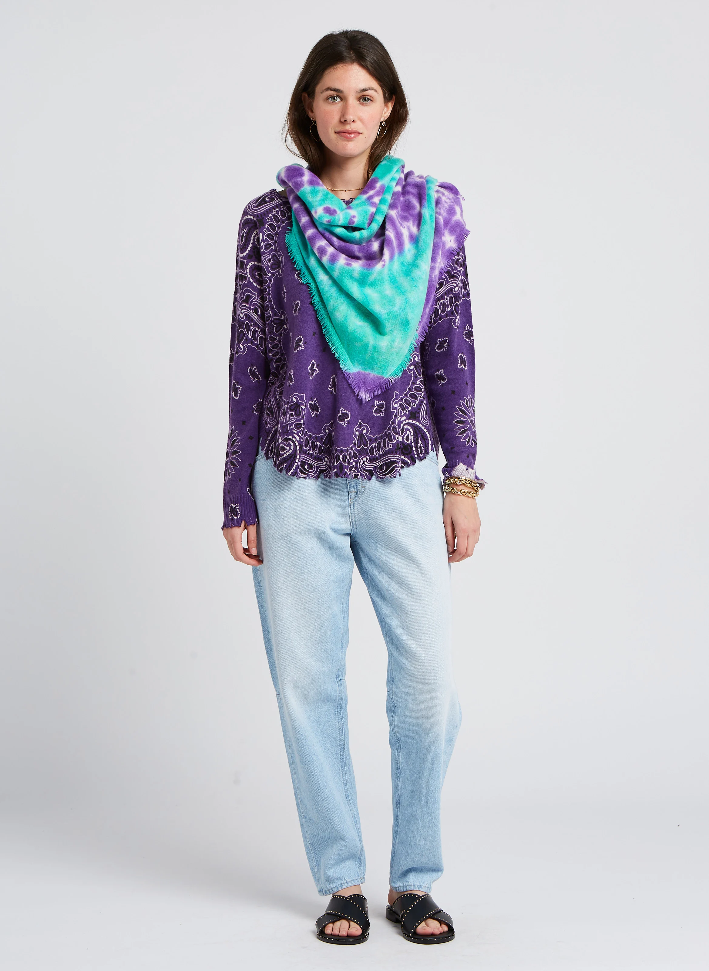 MELA BANDANA - Pull droit col bateau motif bandana en cachemire | Violet