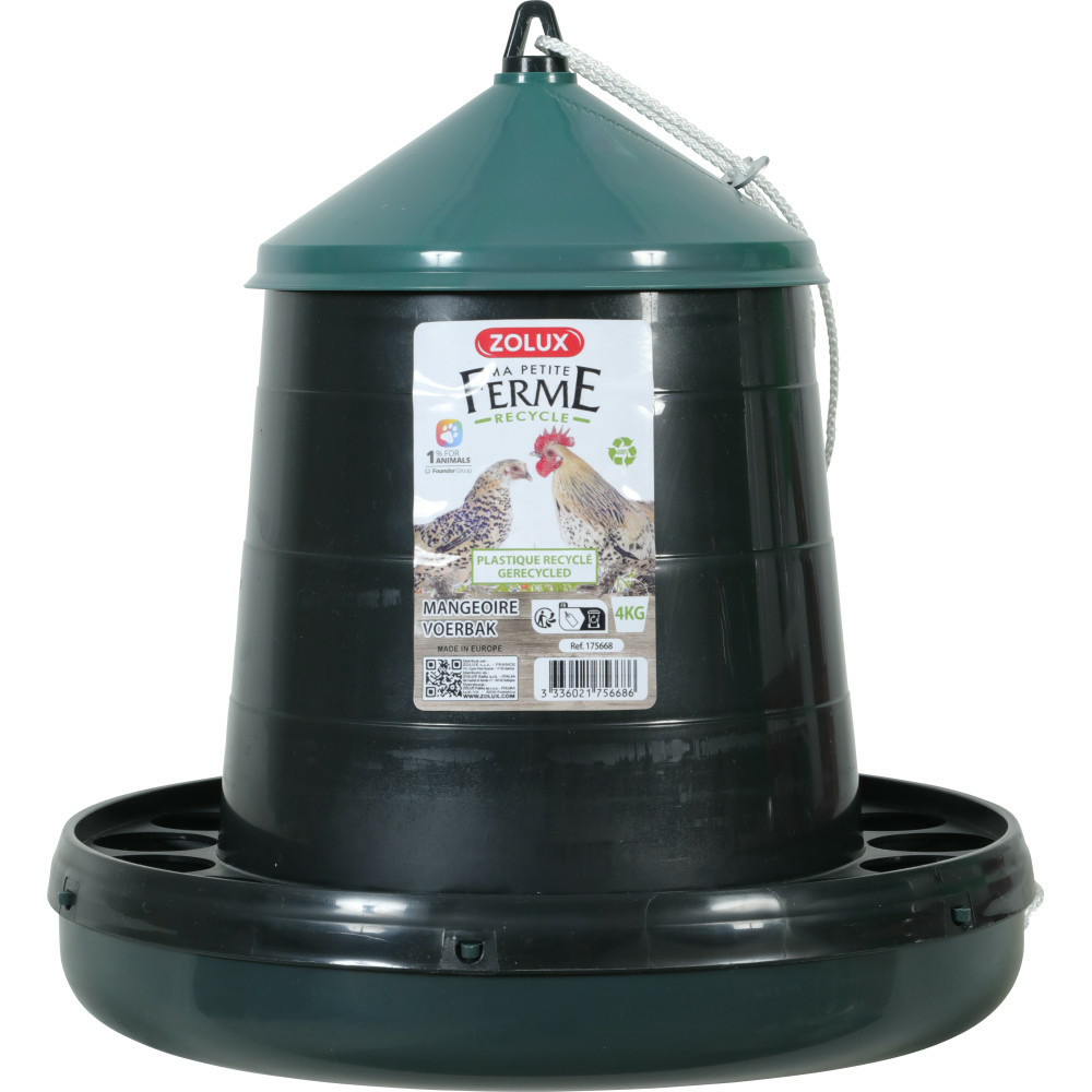 Mangeoire silo en plastique recyclé vert, capacité 4 kg, basse cour