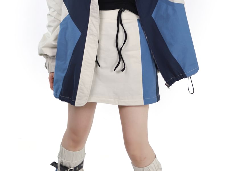 Florimi - Cropped T-shirt met lange mouwen, nephals, trekkoord en print / Afneembare midi-A-lijn rok met hoge taille en kleurblokken / Beenwarmers met gespen / Jas met capuchon en rits (verschillende ontwerpen)