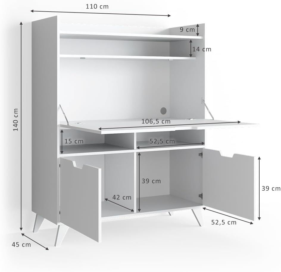 Vicco Sekretär Schreibtisch Berdi, Arbeitstisch mit Schrank, Weiß, 110 x 45 cm