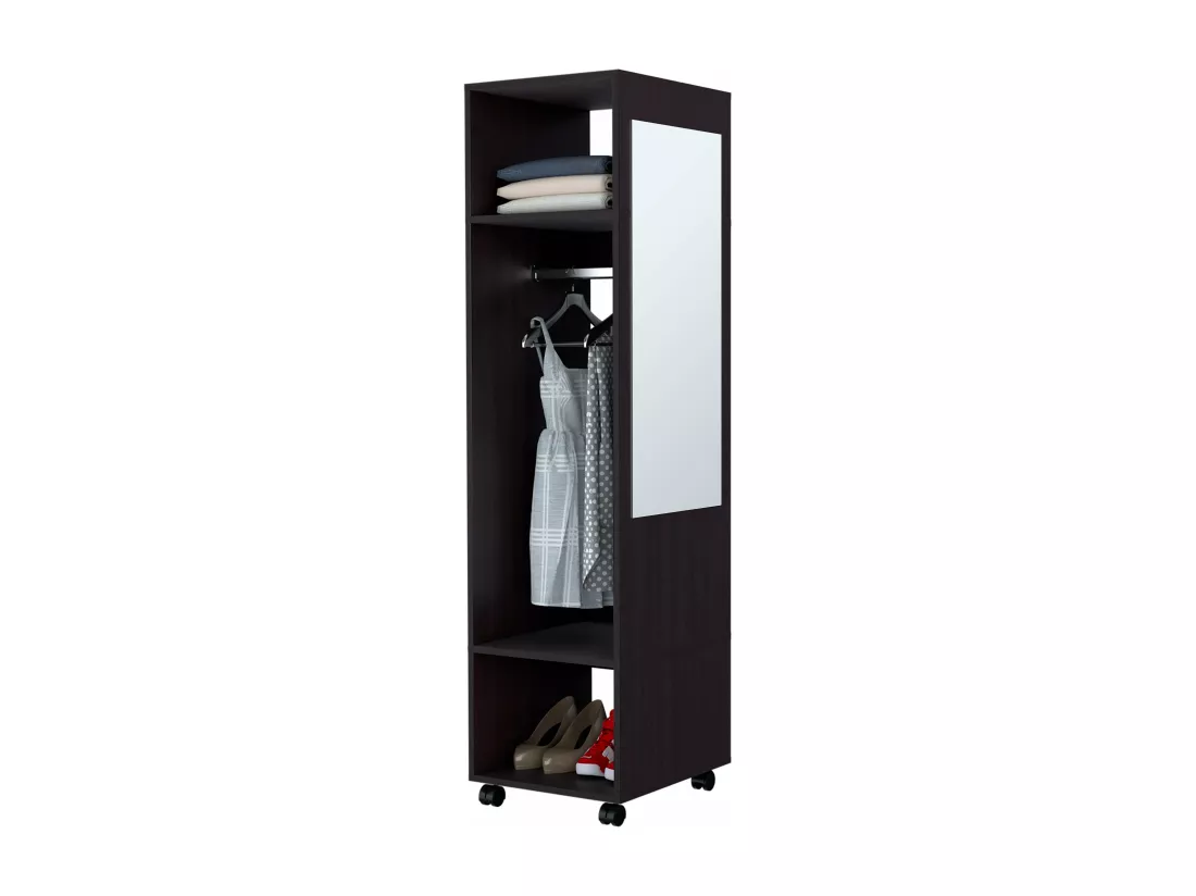 Armoire en mélamine Kronospan, trois étagères, tringle à vêtements et miroir inclus, Noir, 160 cm X 40 cm X 48 cm