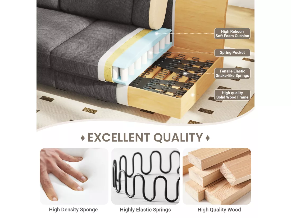 Canapé confort 3 places, Tissu en Chenille, avec accoudoirs,coussins et 2 oreillers, Charge max 365 kg - 220x76x86 cm