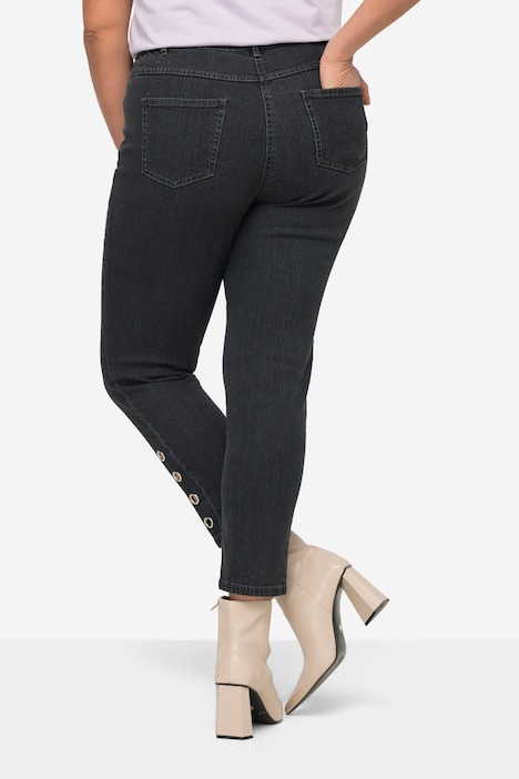 Jeans, tapered Fit, 5-Pocket, Saum mit Zier-Ösen, teilelastischer Bund