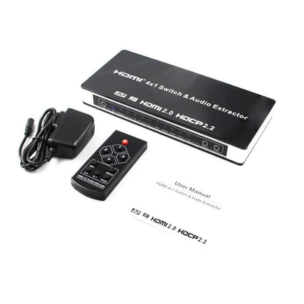 INF HDMI 4x1 koblingsboks og lyddeler UHD 4K 3D HDMI 2.0 ARC Toslink + RCA