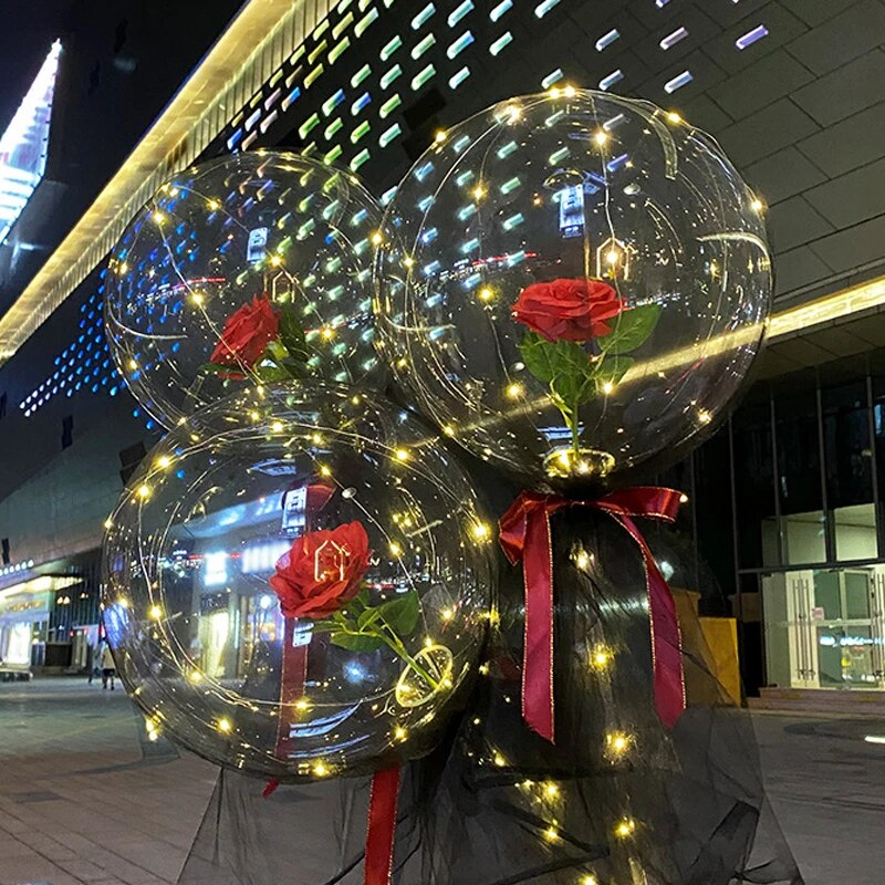 (10-tlg. Set) Ø50cm LED Party Ballon Lichterketten Luftballon zum Befüllen inkl. Rose / Federn / Tüll Band