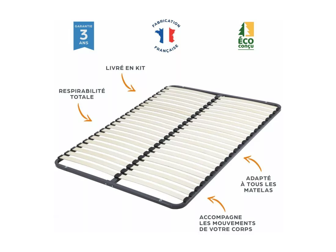 Sommier démontable + pieds 90x190 22 lattes - 22 lattes bois - Fabrication française