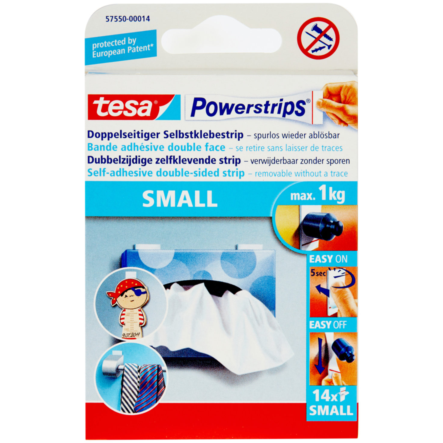 tesa Powerstrips® Doppelseitige Klebestreifen klein - starker Halt (bis zu 1kg), entfernbar, ideal zum Befestigen kleiner und flacher Objekte