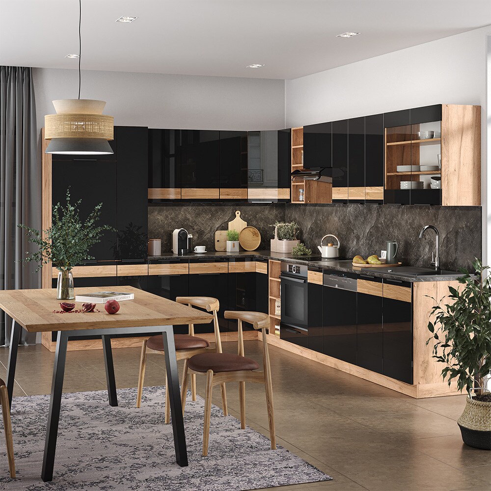 Vicco Eckküche Küchenblock Einbauküche Fame-Line Eiche Schwarz 257x347 cm modern Hochglanz Küchenschränke Küchenmöbel