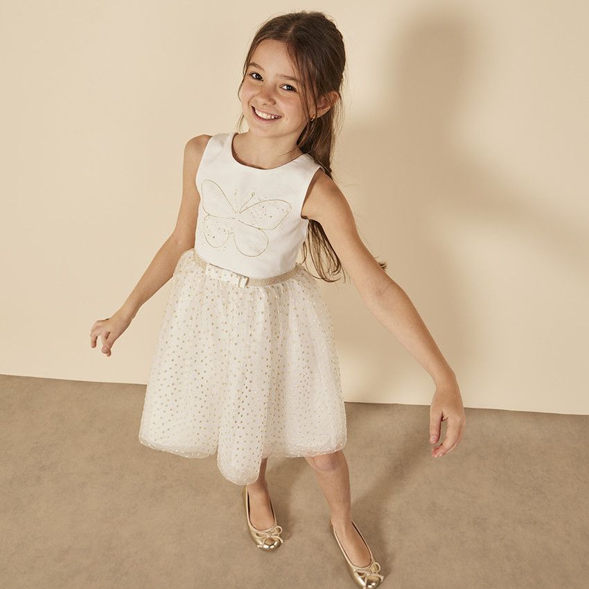 Robe de cérémonie en crêpe et tulle pour fille - Ecru