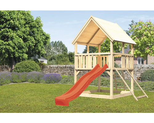 Speeltoren/speelhuis Karibu Luis, 200 x 200 cm, gemaakt van hout, bestaande uit een basistoren, glijbaan en nethelling (rood).