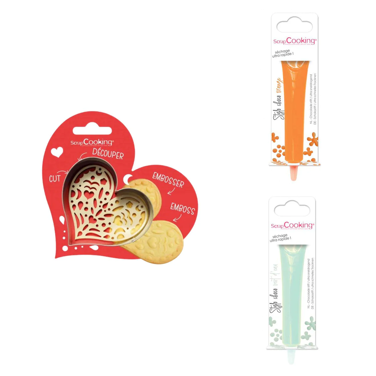 Kit pour biscuit en relief Coeur + 2 Stylos au chocolat orange et vert