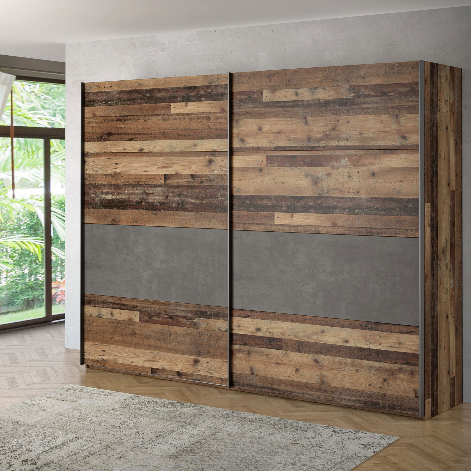 Schwebetürenschrank - Old Wood Vintage-Betonoptik - 2 Türen - 269,9 cm