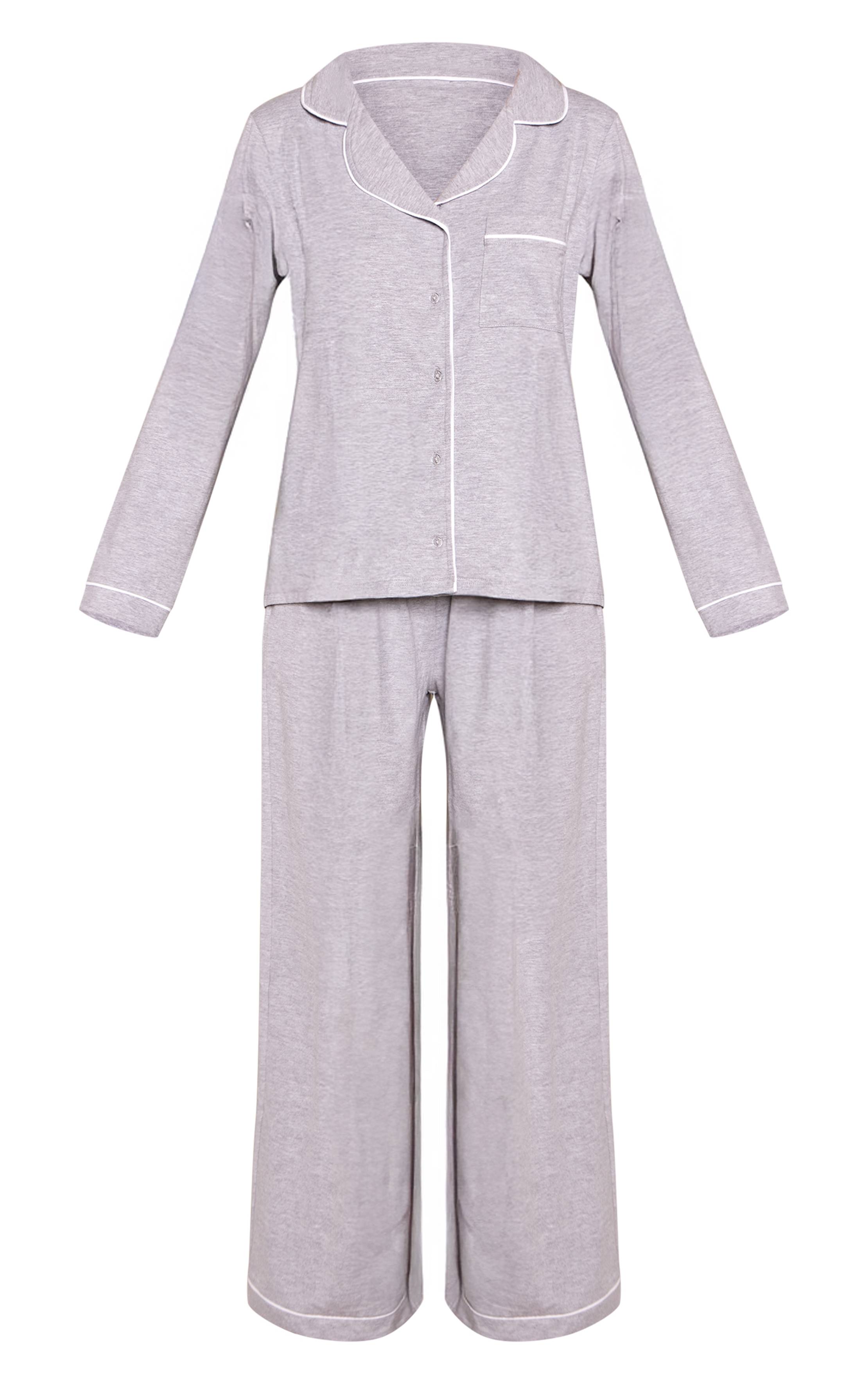 Gris Chiné Ensemble Pyjama Haut Manches Longues Et Pantalon En Jersey Doux Avec Passepoil