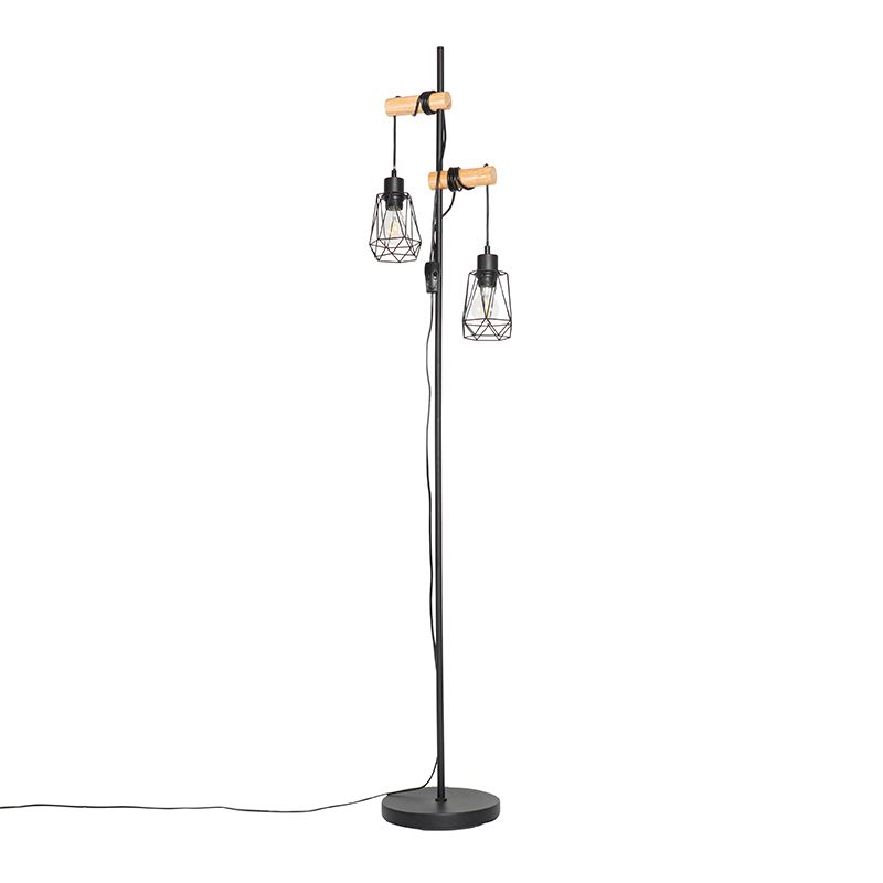 Landelijke vloerlamp zwart met hout 2-lichts met kap - Dami Frame