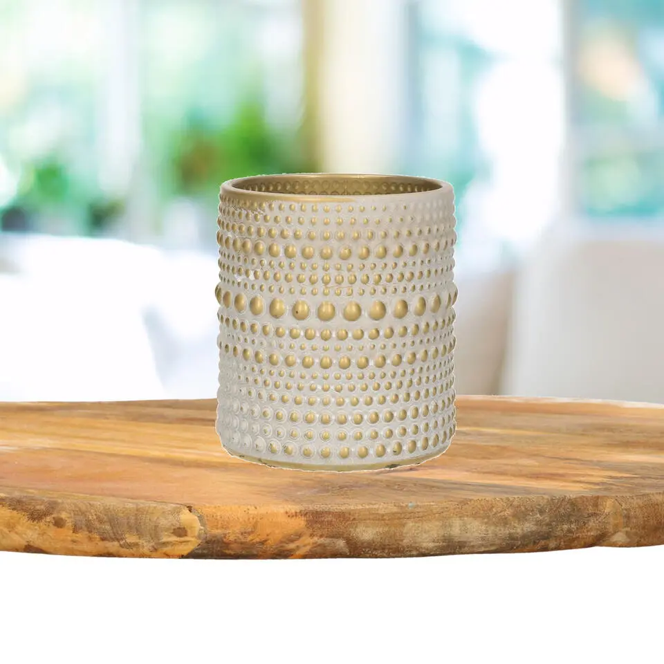 Countryfield theelichthouder/kaarsenhouder - creme/goud - H8 cm