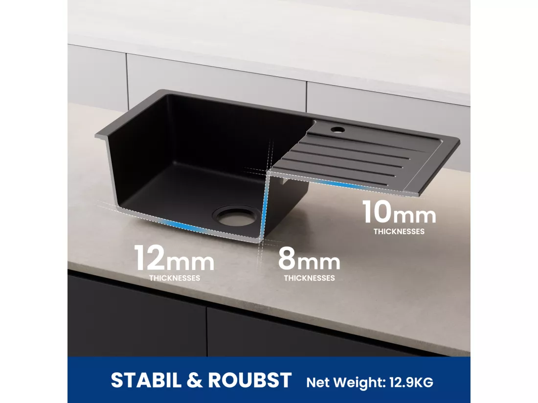 Evier 1 Bac en Quartz et Résine - Noir Evier avec Egouttoir 78x45cm + Mitigeur de Cuisine Rabattable Noir
