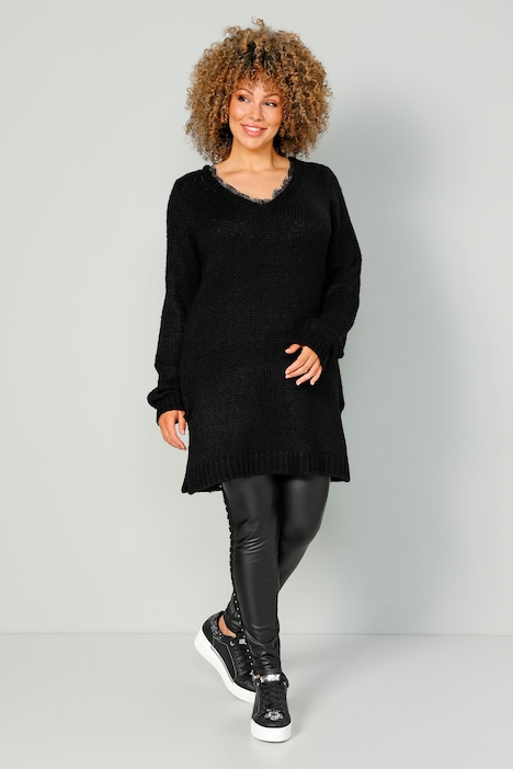 Long-Pullover, V-Ausschnitt mit Spitze