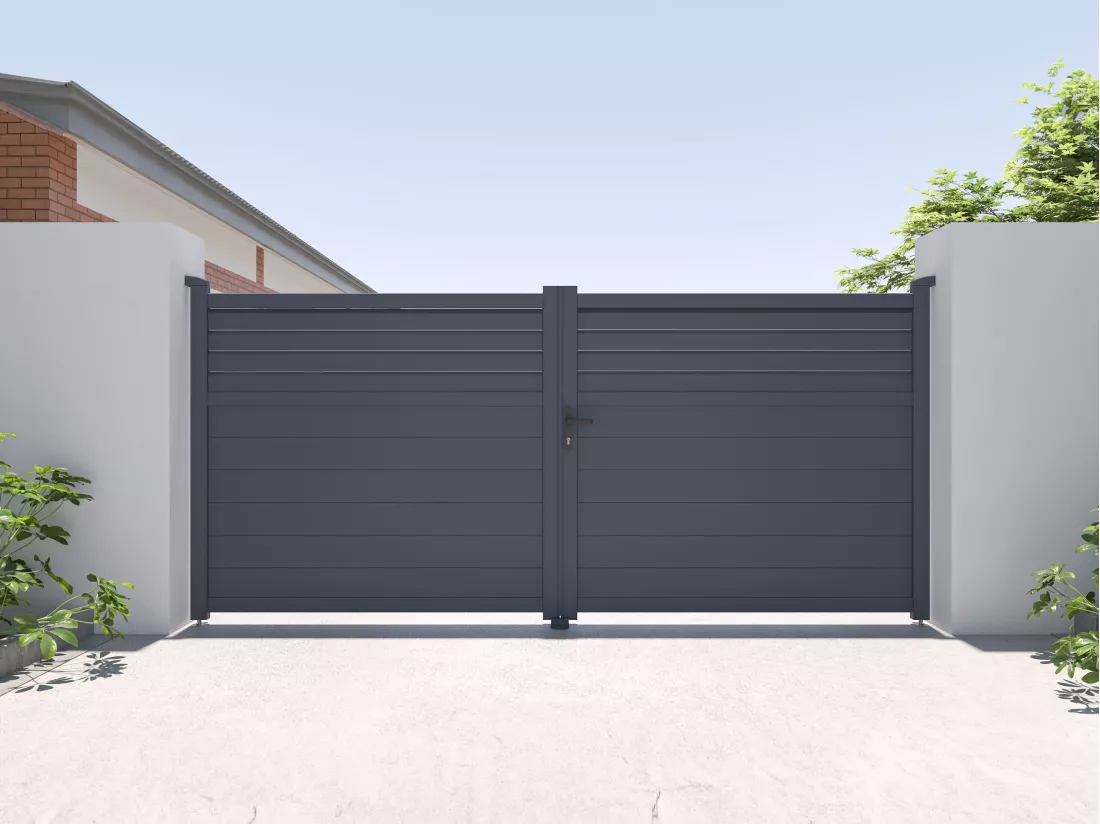 Portail électrique battant aluminium persienné L355 x H166 cm anthracite - VIAZO