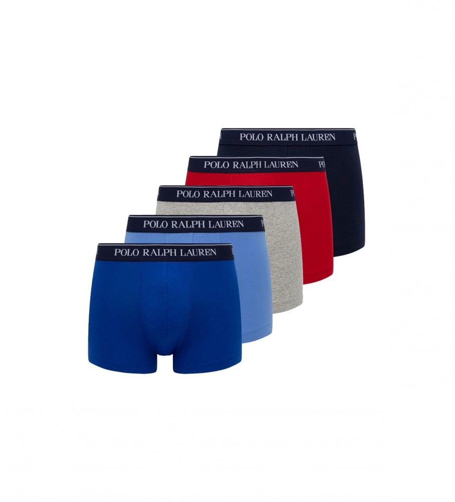 Conjunto de 5 cuecas boxer Ralph Lauren nas cores vermelha, cinza, azul e azul-marinho.