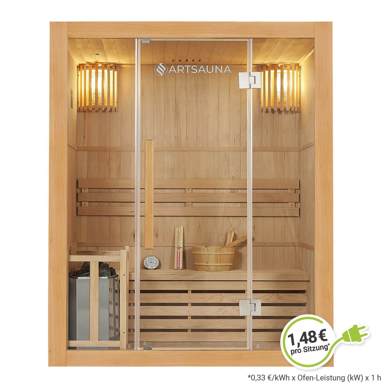 Artsauna Saunakabine Tampere mit Harvia Ofen – 2 Personen – Hemlock Holz & Glasfront – Inkl. Zubehör