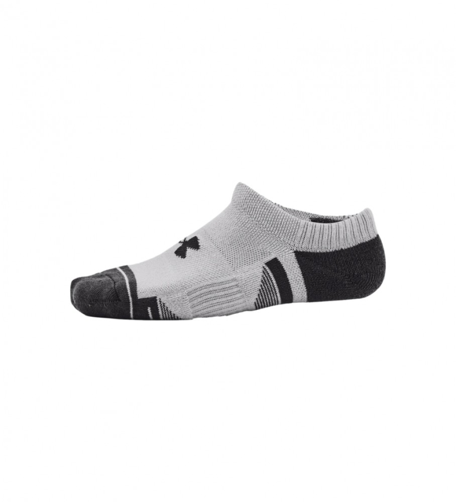 Conjunto de 3 pares de meias Under Armour UA Performance Tech, nas cores cinza, branca e preta.