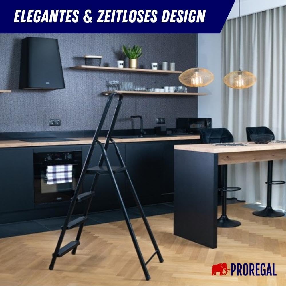 PROREGAL Economy Basic Trapladder, Gemaakt van hoogwaardig staal, Enkelzijdig toegankelijk, 4 treden, Werkhoogte 2,75 m, Draagvermogen 125 kg, Zwart
