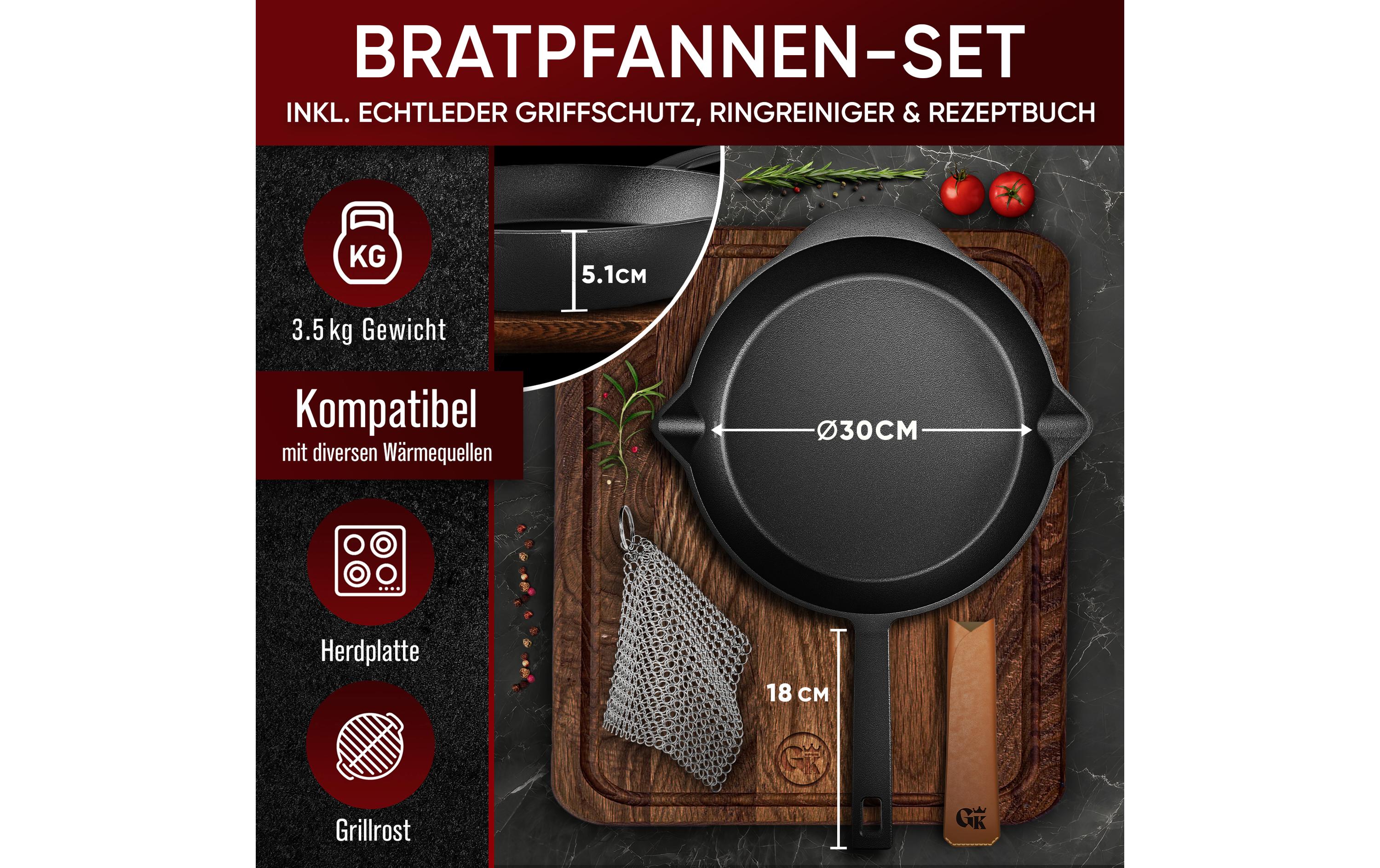 Bratpfanne 30 cm mit Ledergriff, ReinigerGusseisen Bratpfanne mit Lederüberzug und Ringreiniger