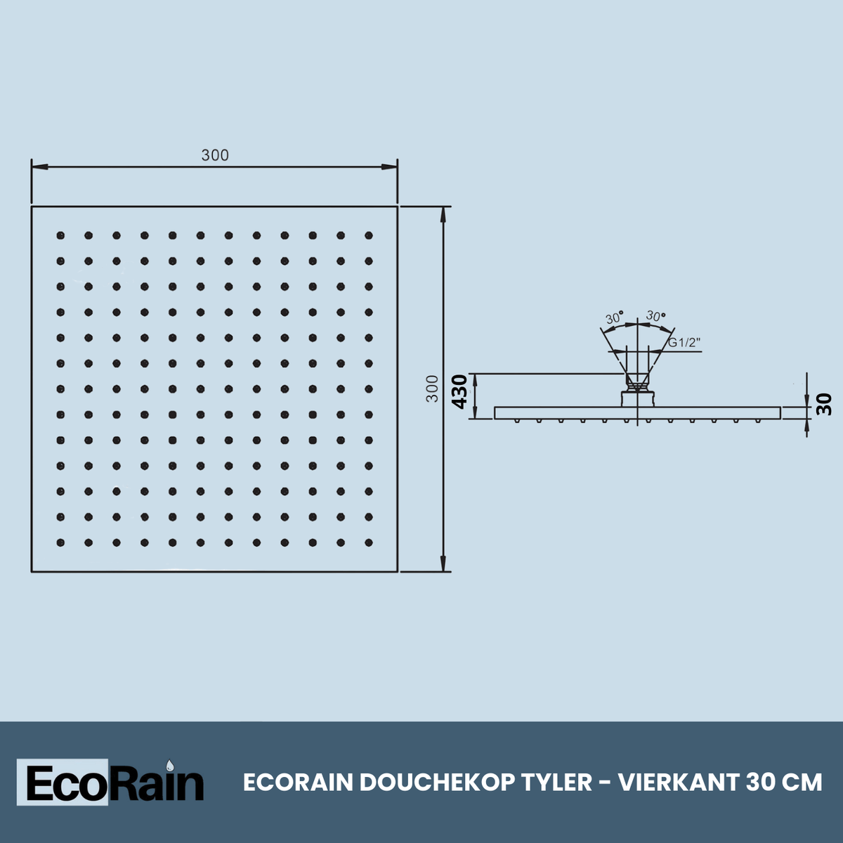 EcoRain Waterbesparende Regendouchekop Tyler Vierkant 30 cm Chroom - 30% Waterbesparende Douchekop - Waterbesparende Douchekop - Moderne Universele Regendouchekop - Grote Anti-verbrandingsdouchekop