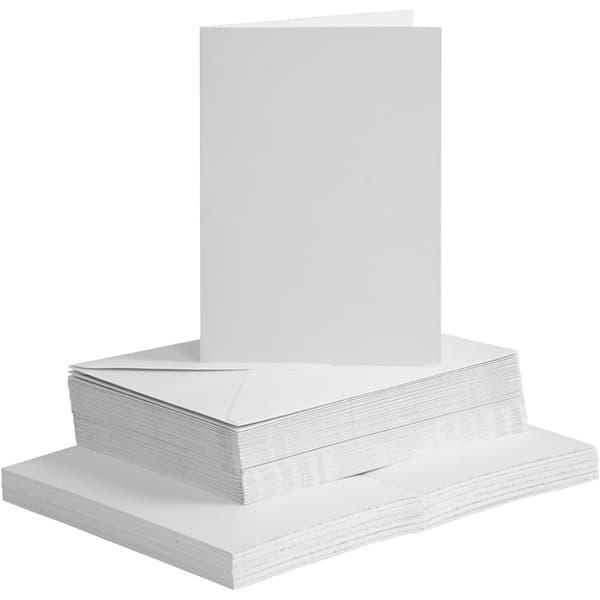 Kort og konvolutter, kort str. 10,5x15 cm, konvolutt str. 11,5x16,5 cm, 120+240 g, hvit, 50 sett/ 1 pk.