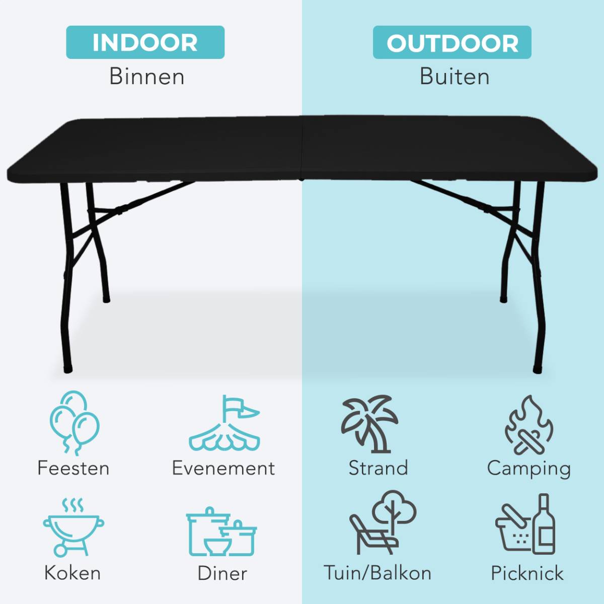 LifeGoods 180x70 cm Inklapbare tafel - Black