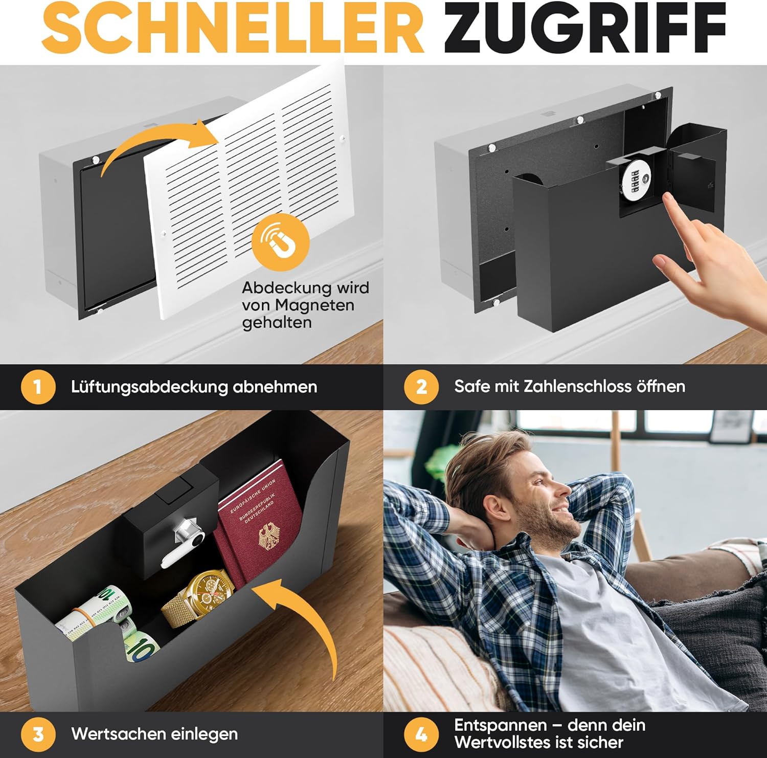 Elder Welder® Lüftungsgitter Safe Tresor mit verstecktem Zahlenschloss | Wandtresor zum Einmauern | Versteckter Wandsafe als Geheimfach | Einbautresor für Geldversteck Geheimversteck | Tresor Versteck