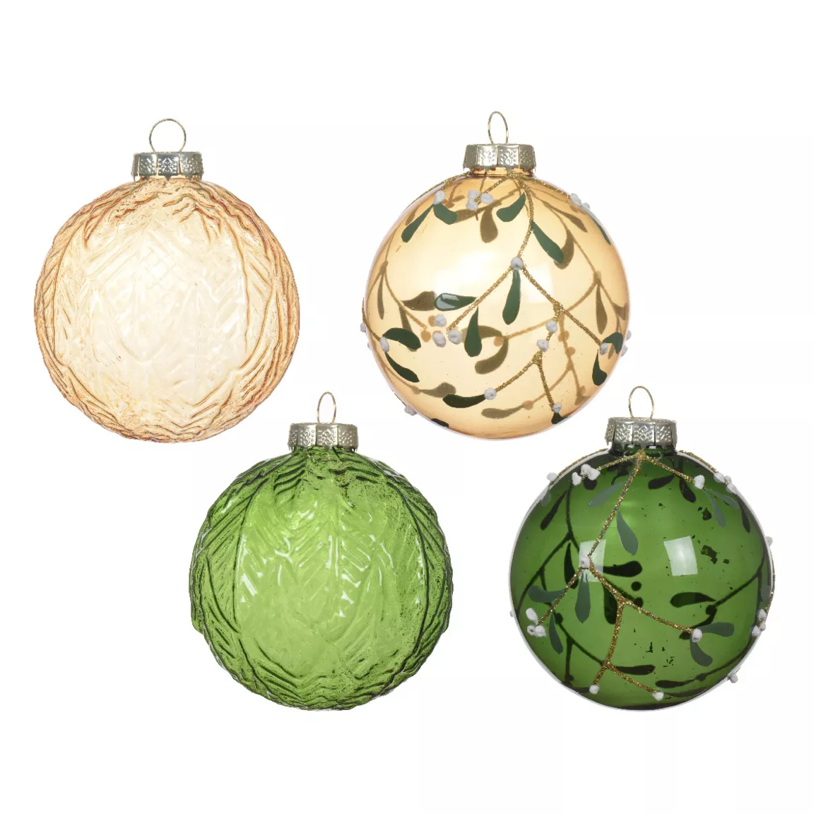 Lot de 12 boules de Noël en verre (80 mm) Skellig transparente Vert et cuivre