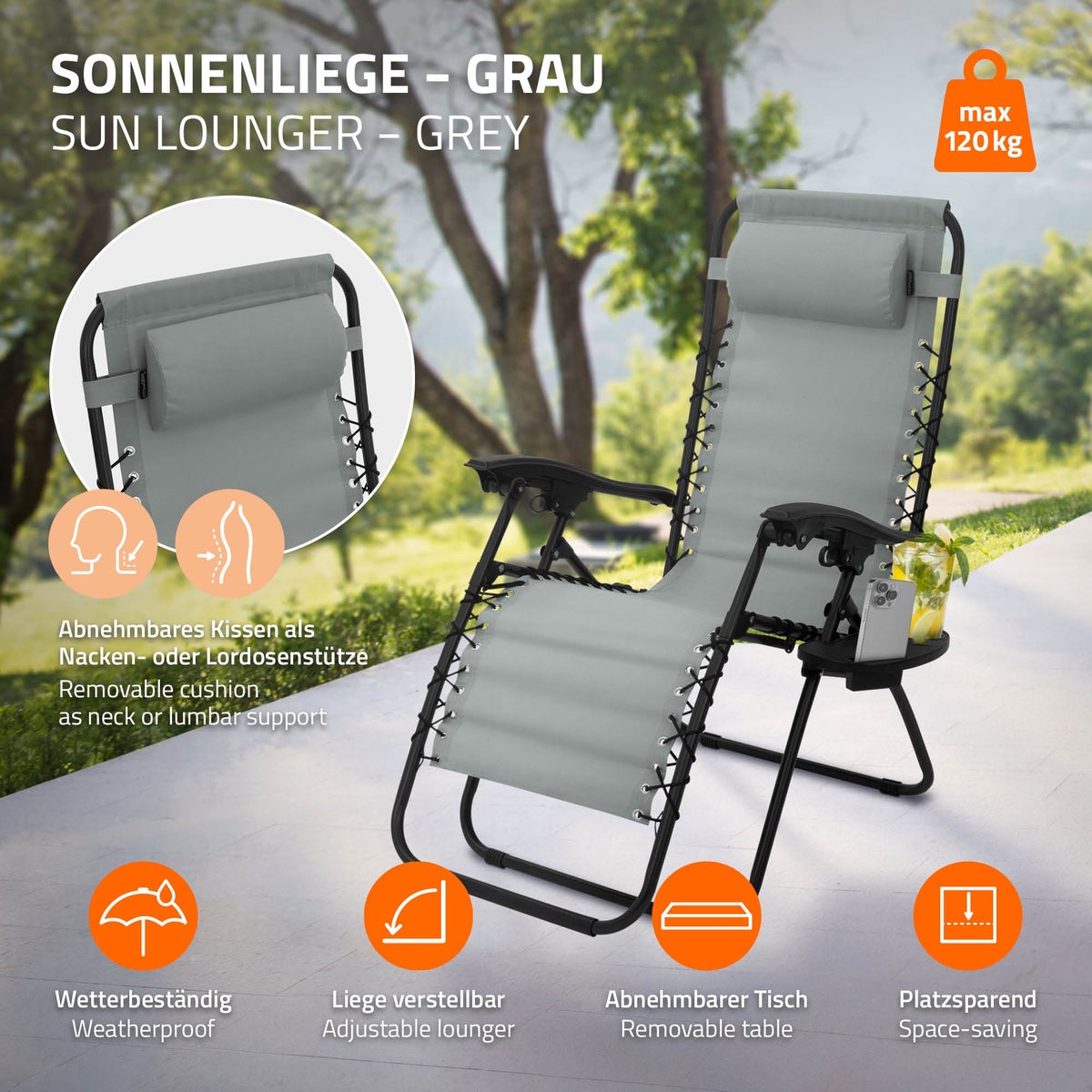 ML-Design 2-delige set opvouwbare ligstoel, grijs, relaxfauteuil met verstelbare hoofdsteun en rugleuning, tuinligstoel met vetersysteem, zero gravity outdoor relaxstoel, tuinstoel met bekerhouder