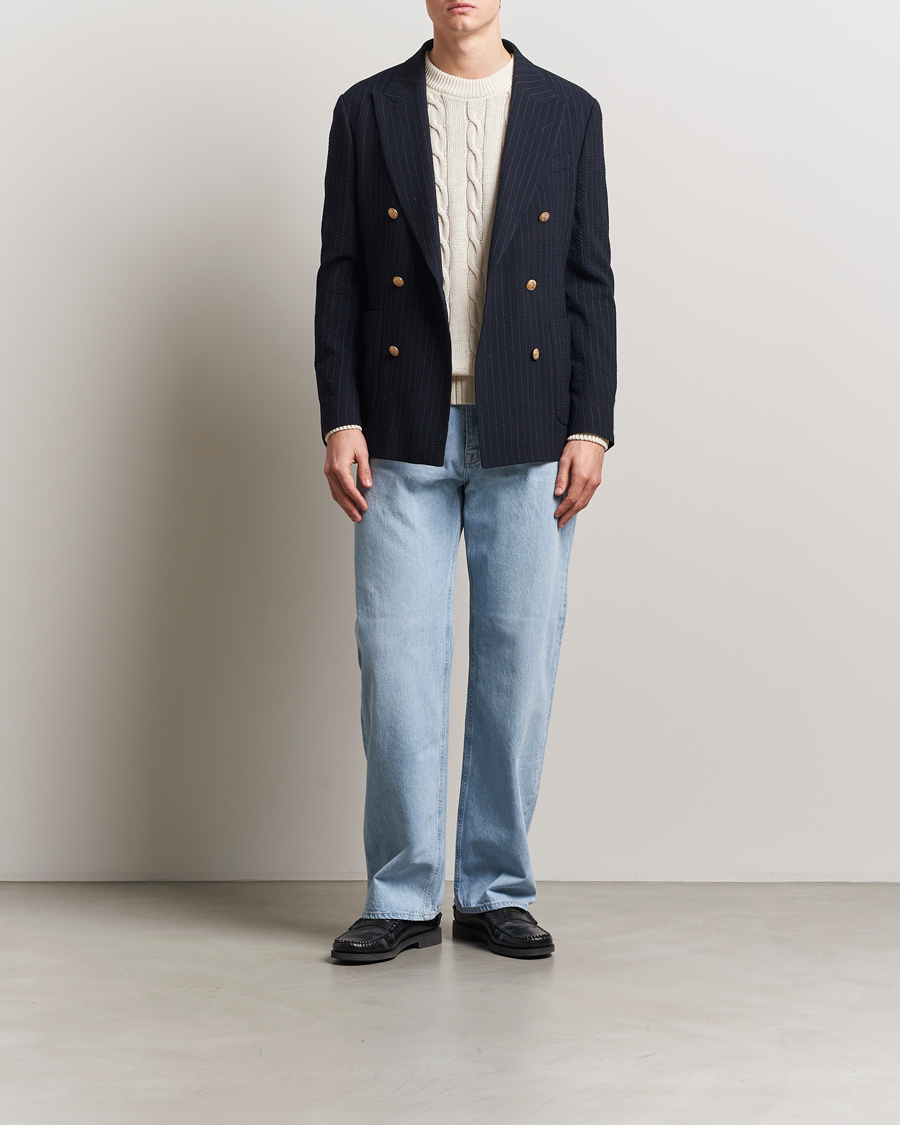 GANT Slim Fit Seersucker Double Breasted Blazer Evening Blue