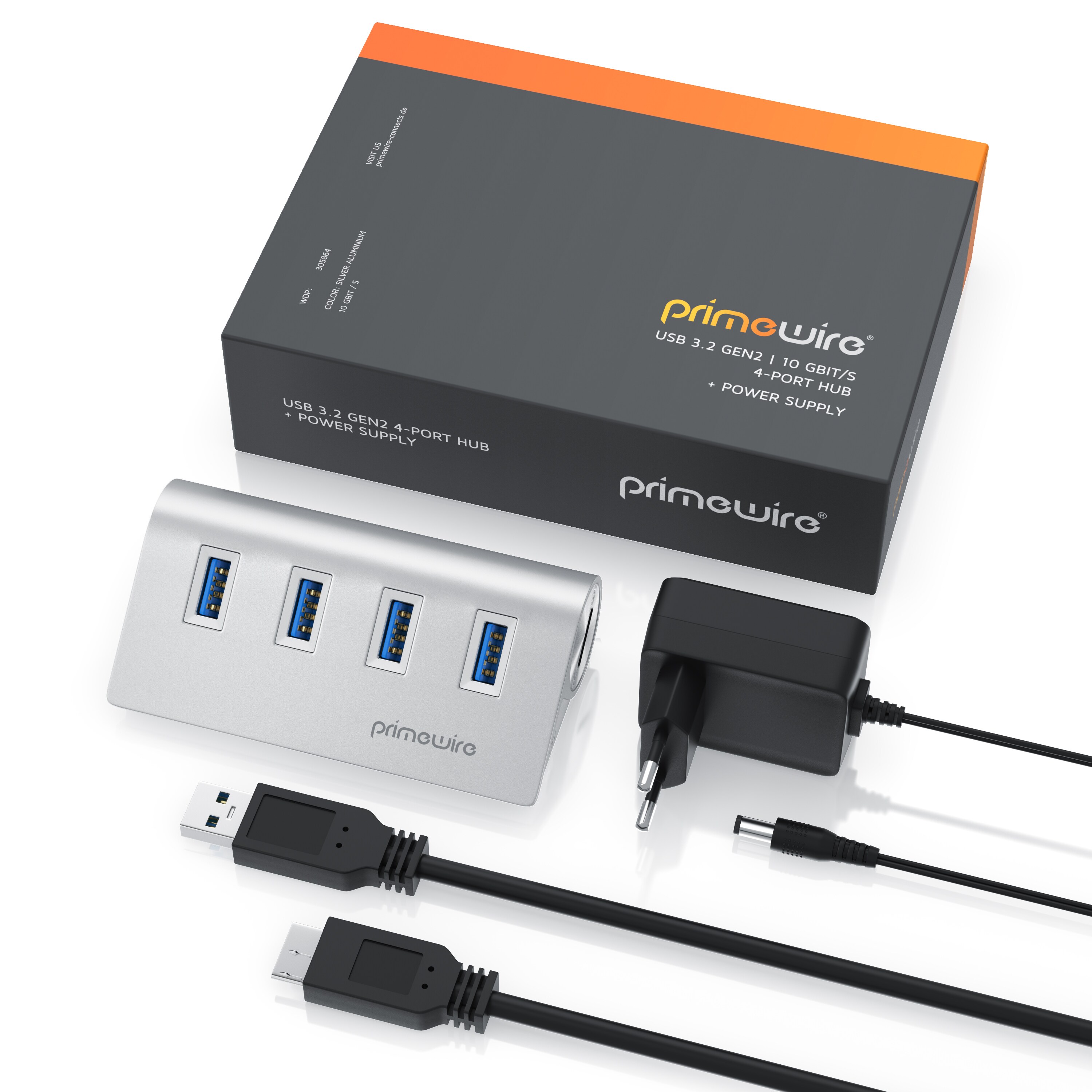 Primewire - USB 3.2 Gen2 Hub aktiv inkl. Netzteil - 4 Port Hub/Verteiler - für Notebook, Laptop, PC, kompatibel mit iMac, MacBook (Air, Pro, Mini)