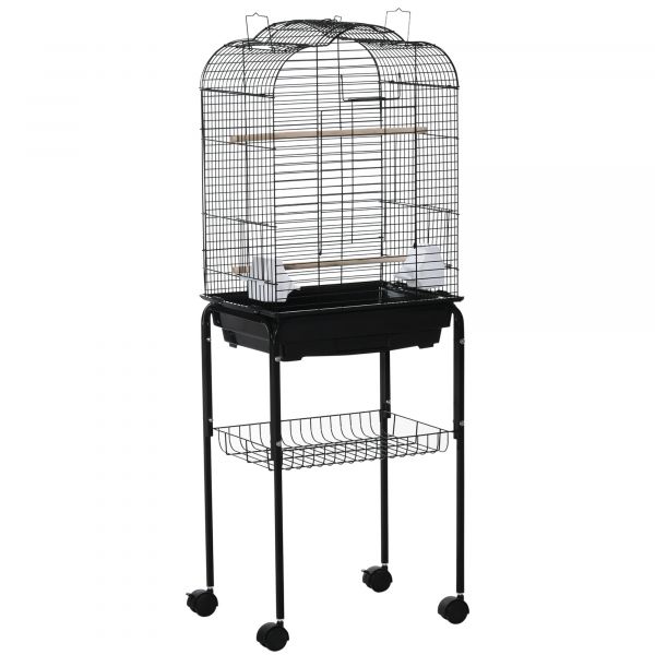 Pawhut Gaiola Passáros com Suporte Gaiola com 4 Rodas Teto com Abertura 2 Comedouros 3 Poleiros Bandeja Removível e Prateleira Inferior 46x36x130cm Preto