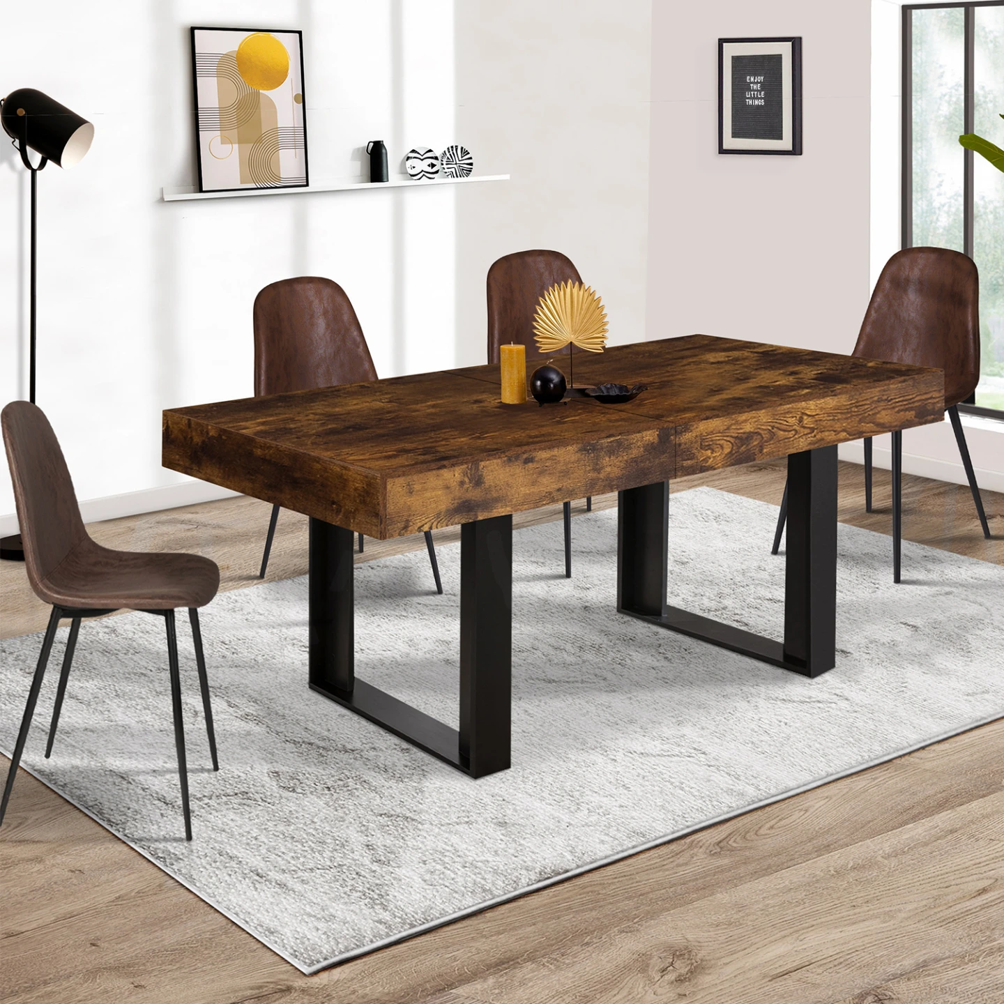 Table à manger extensible rectangle PHOENIX 4-8 personnes bois effet vieilli et noir 160-200 cm