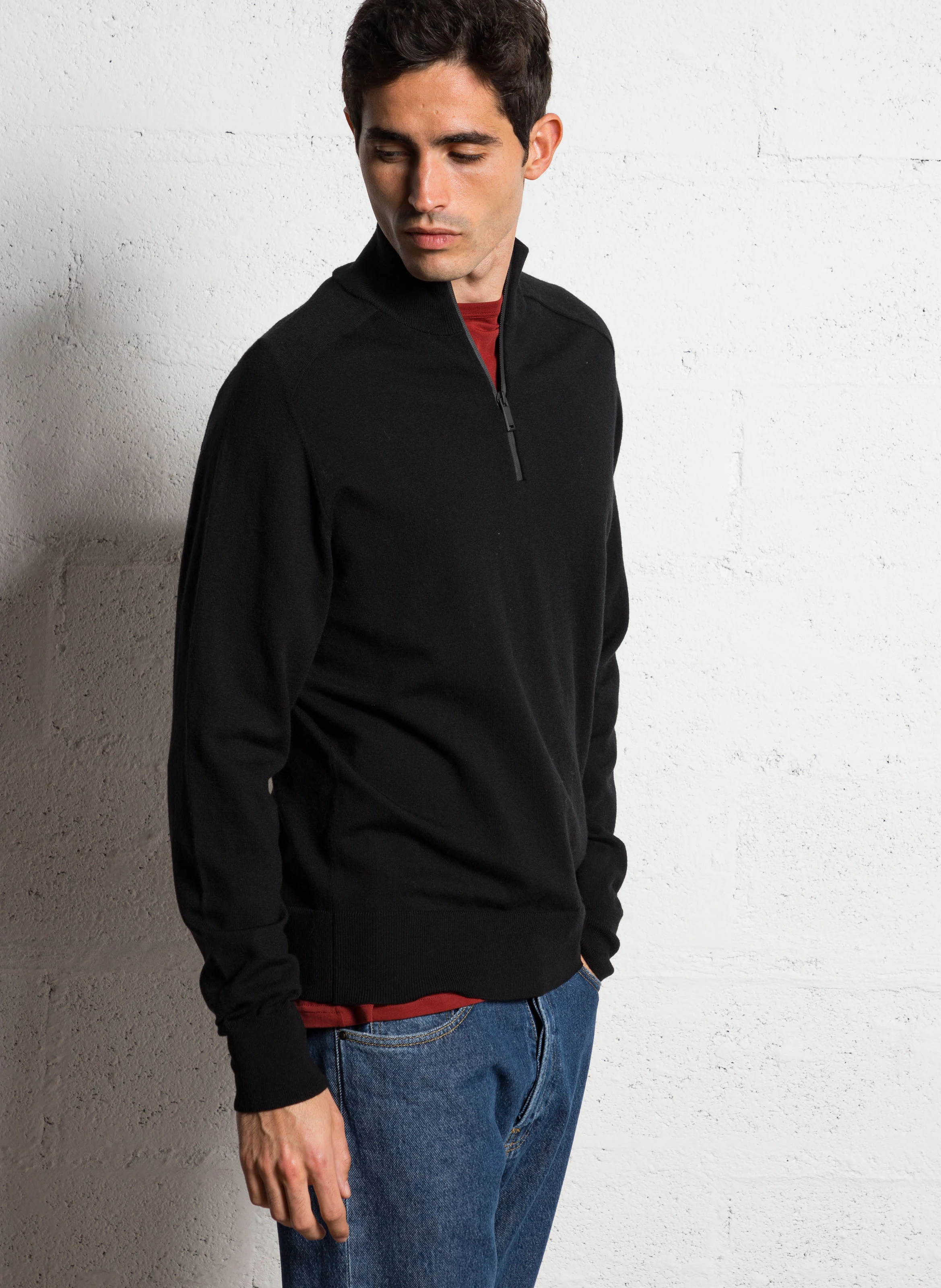 Pull col zippé droit en laine mélangée | Gris