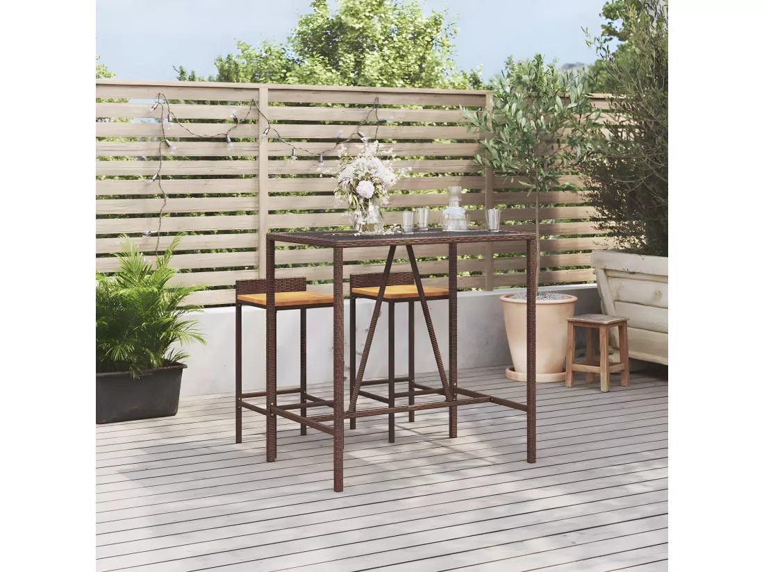 Prolenta Premium - Table de bar et dessus en verre marron 110x70x110 cm poly rotin