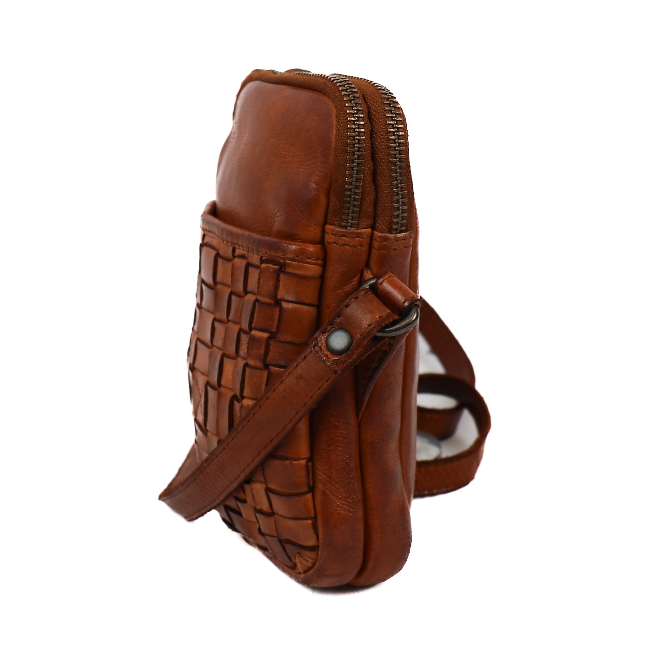 Gevlochten schoudertasje 'Saske' cognac Cognac