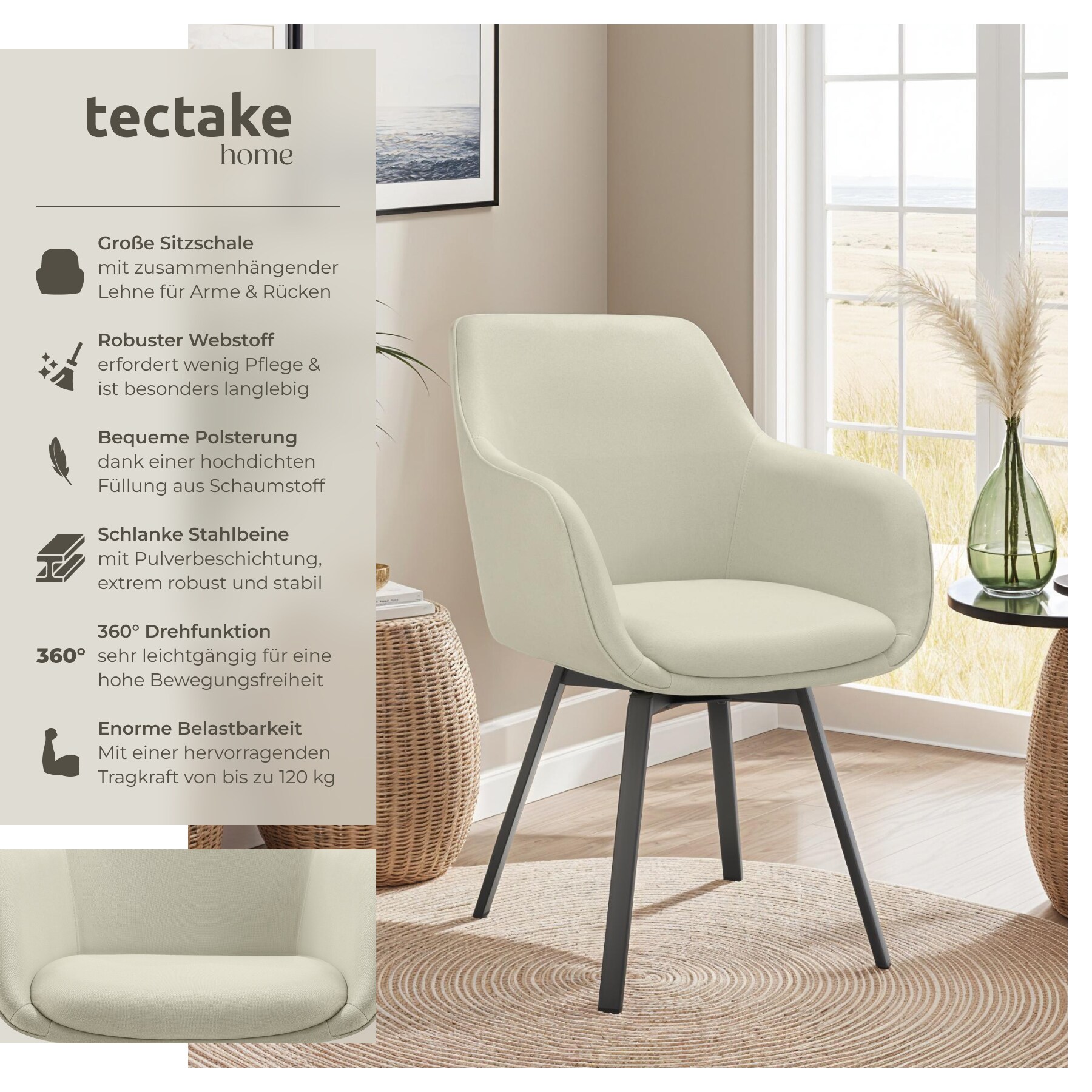 tectake® Drehbarer Armlehnstuhl , gepolstert, 360° drehbar, pulverbeschichtete Stahlbeine, 57 x 59 x 88 cm