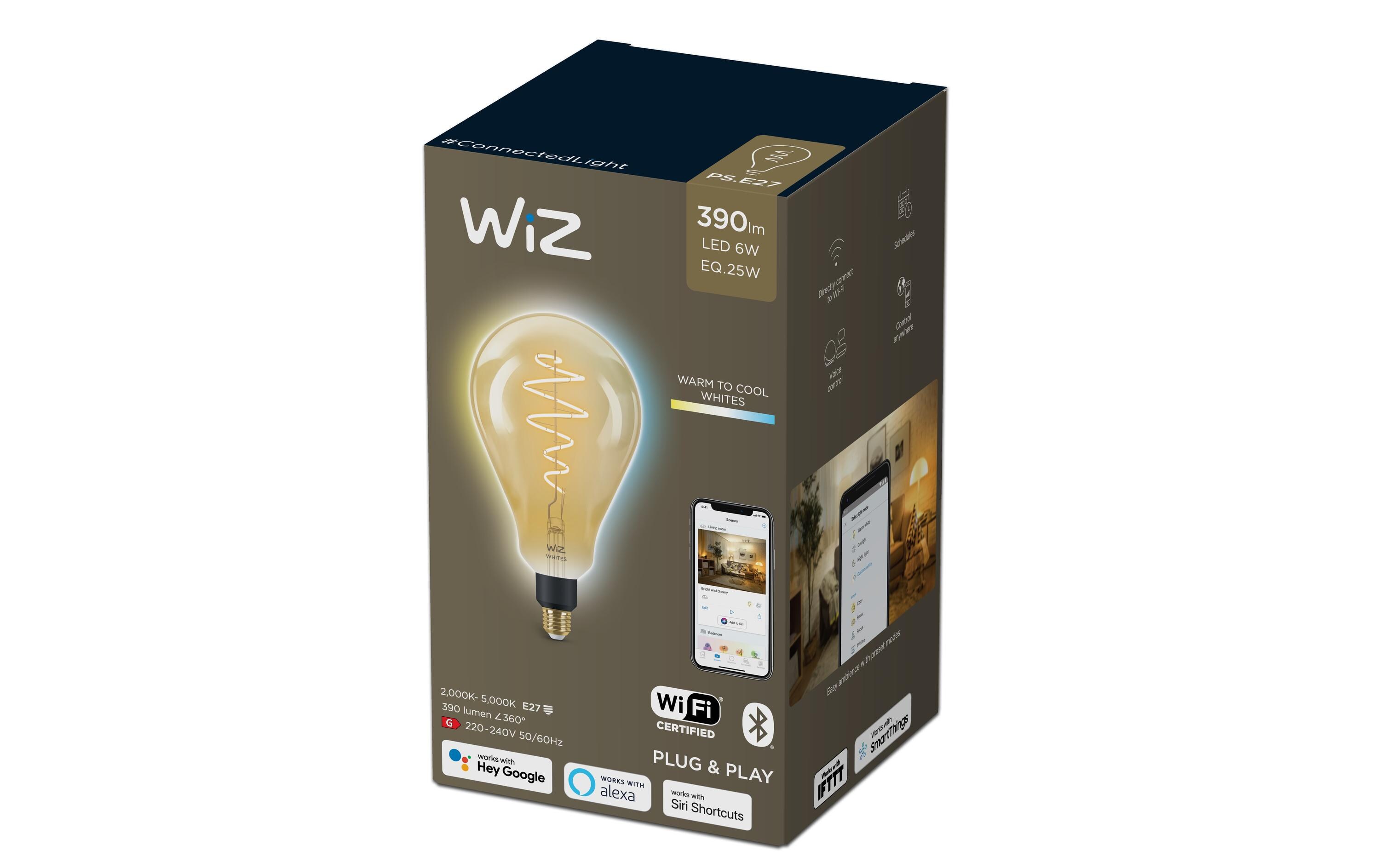 Leuchtmittel Vintage PS160 E27 6.5 W, 2000-5000 KÜber Bluetooth und WLAN steuerbares Filament-Leuchtmittel