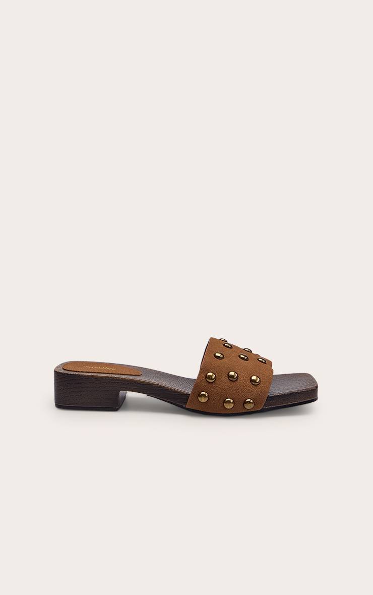Marron Mules À Talon Bloc Chaton En Synthétique Avec Clous