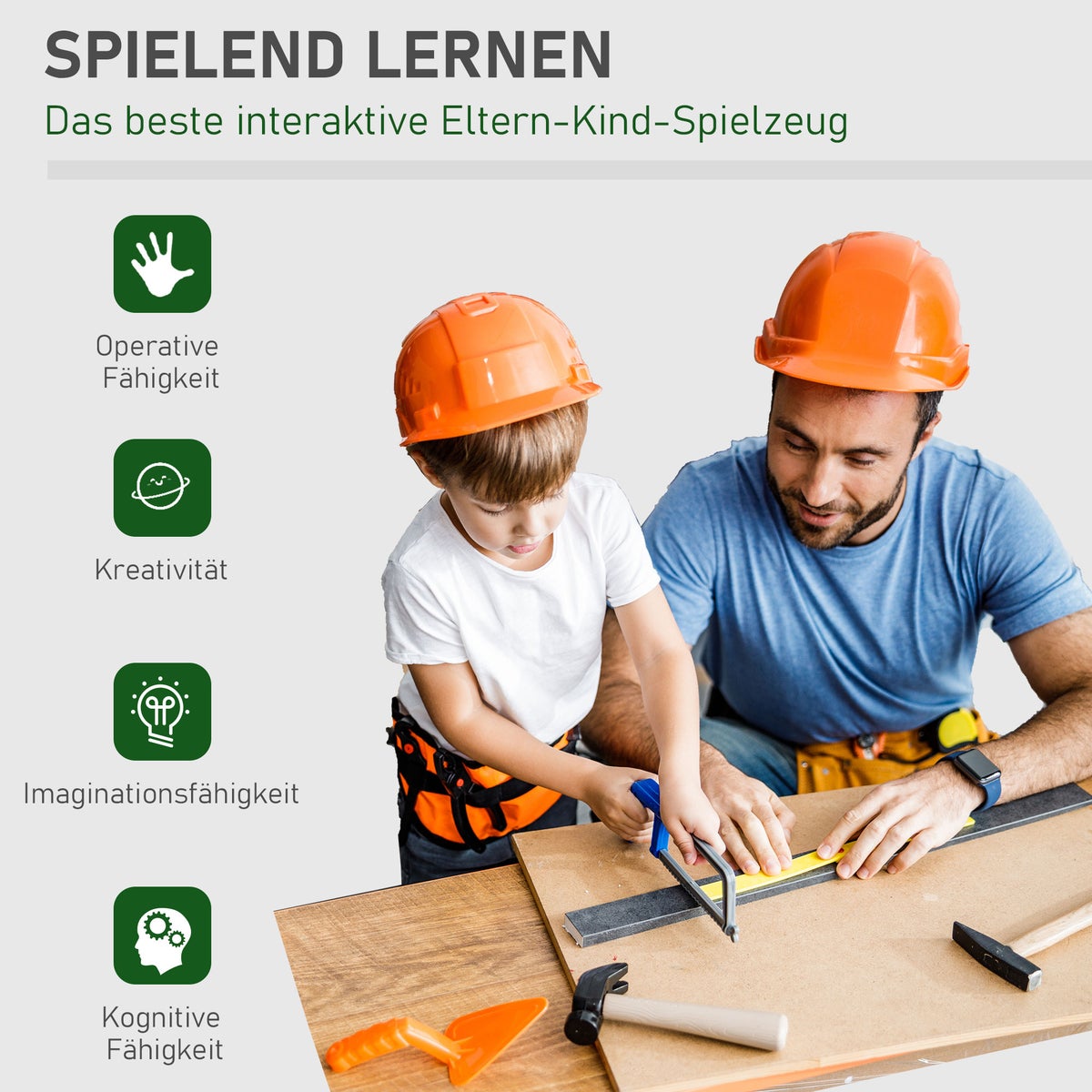 HOMCOM Kinderwerkbank met gereedschap, 44L x 26B x 71H cm, PP-kunststof, groen