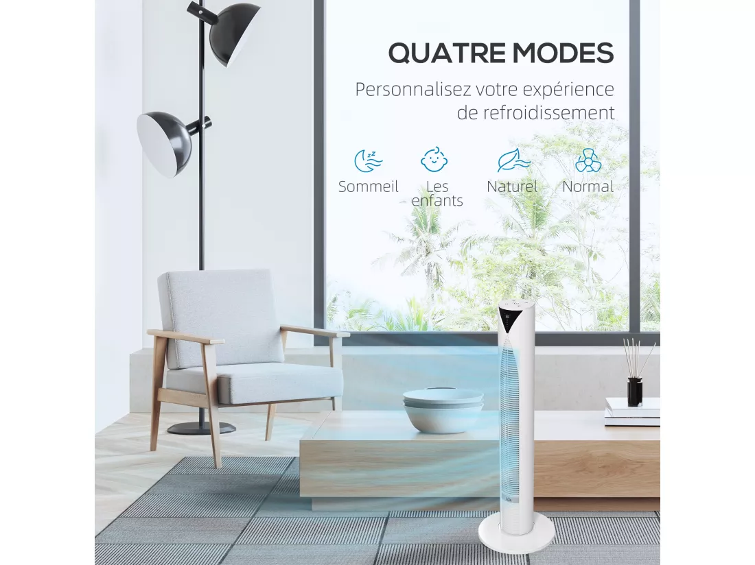 Ventilateur colonne tour oscillant 45 W silencieux télécommande incluse timer 4 modes 3 vitesses filtre blanc