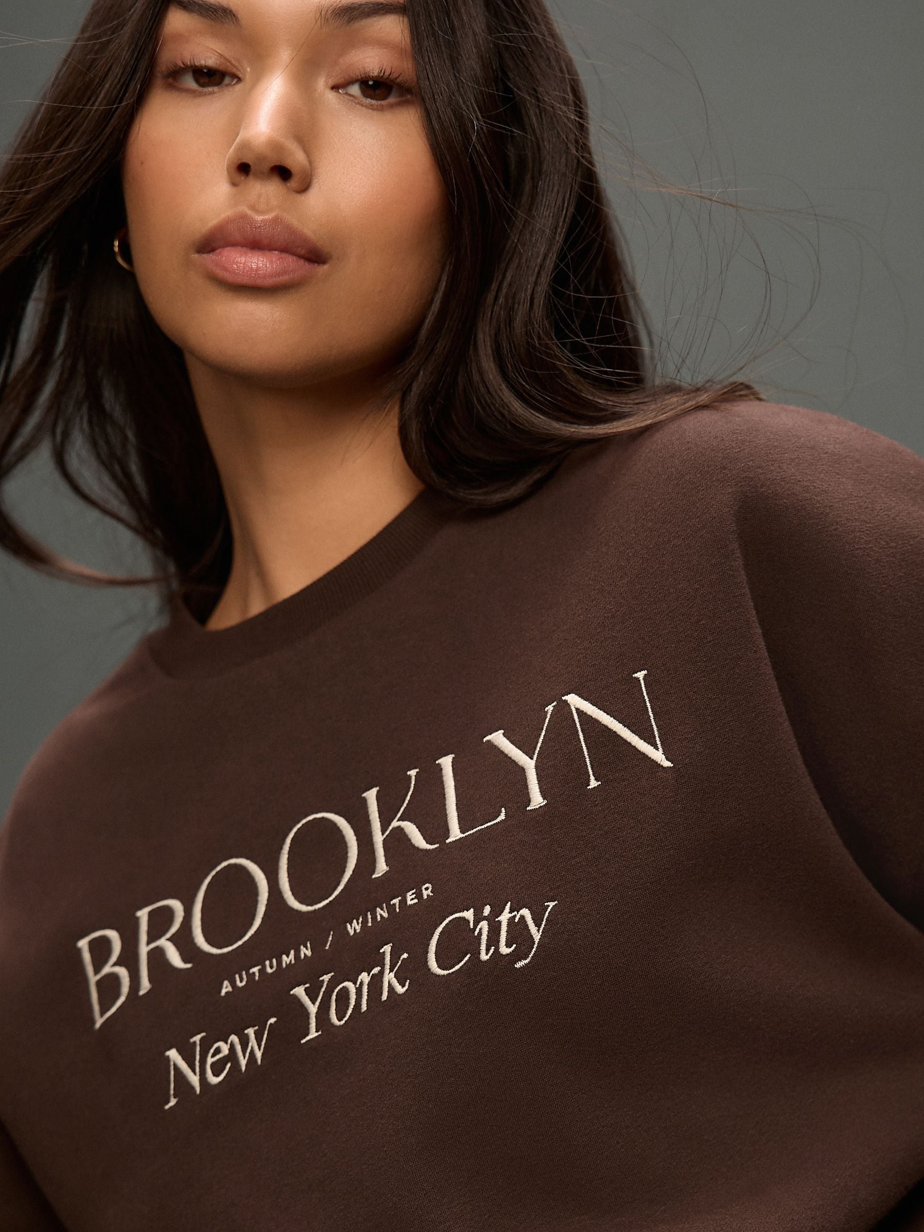 Chocoladebruin - Herfstachtige NYC Sweatshirt met Geborduurde Relaxte Pasvorm