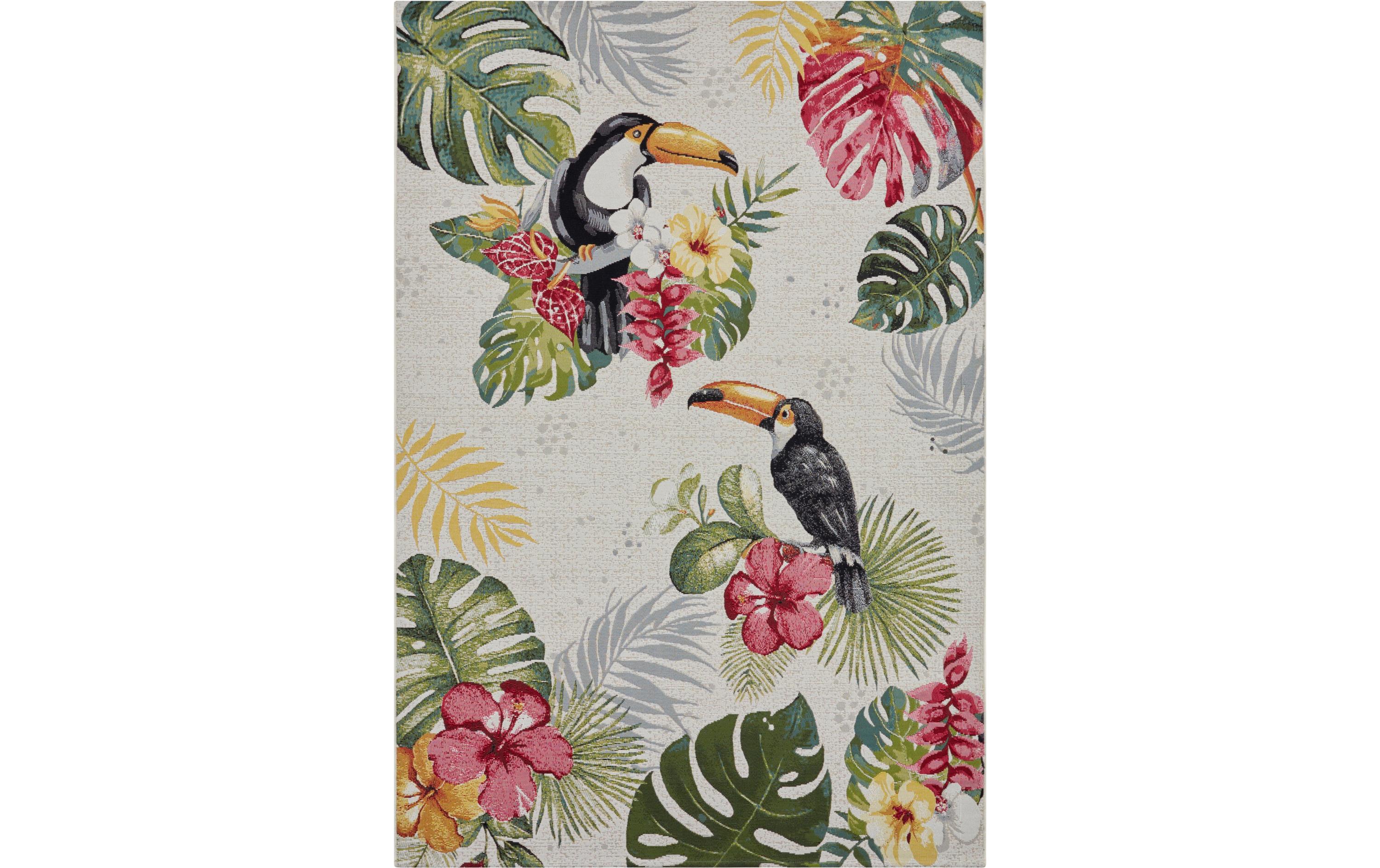 Teppich Tropical Dream 80 cm x 165 cm, Crème/MehrfarbigIn- & Outdoor Teppich, Flachegwebeteppich im Tropischen Design, Wetterfest & Wasserfester Aussenteppich mit Tukan Motiv für Terrasse, Balkon, Garten Wohnzimmer