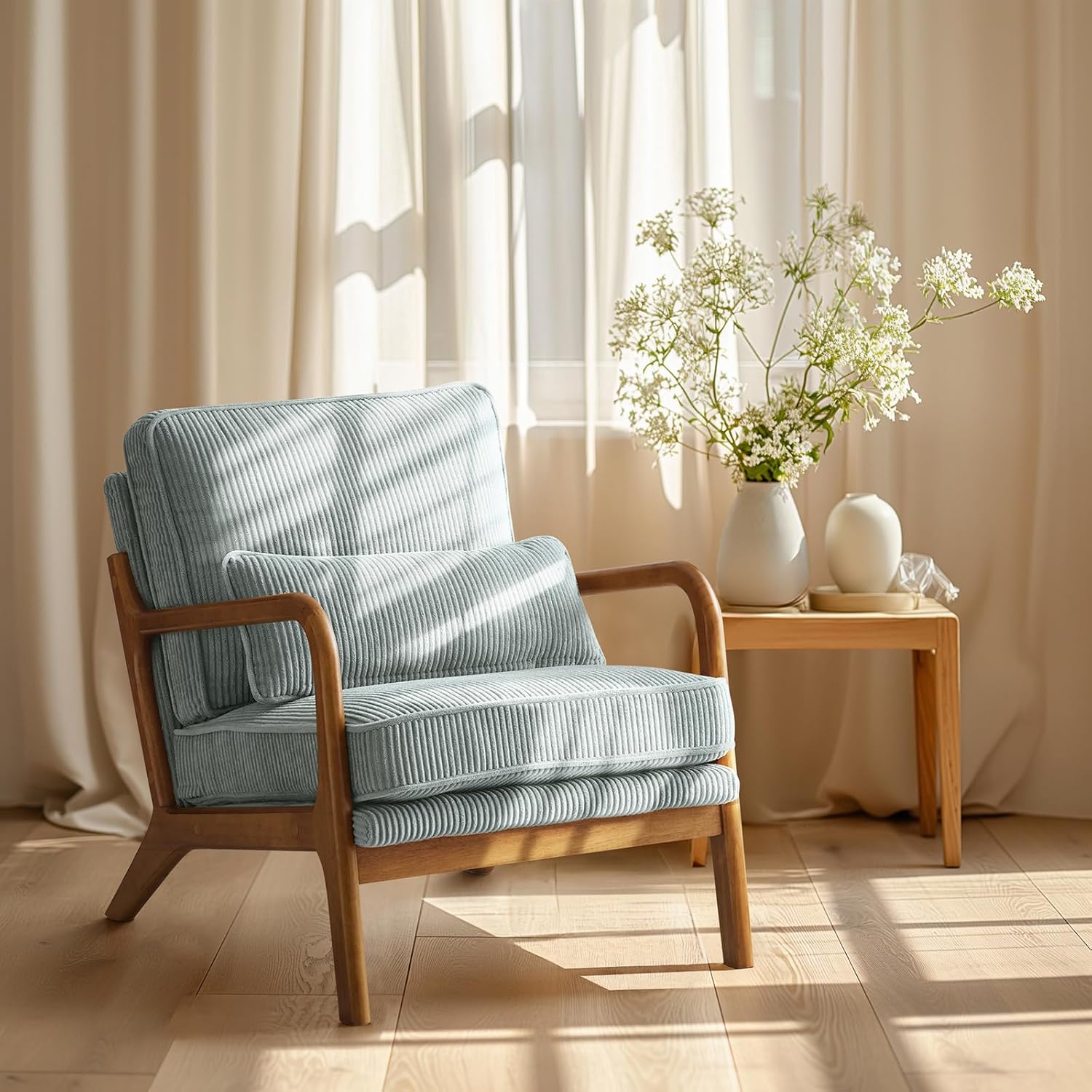 Bonnlo Sessel Gepolsterter Cocktailsessel, Moderner loungesessel, Ohrensessel für Wohnzimmer, Polsterstuhl mit Massivholz, Lesesessel, bis 200 kg belastbar, Cord-Stoff (Blau)