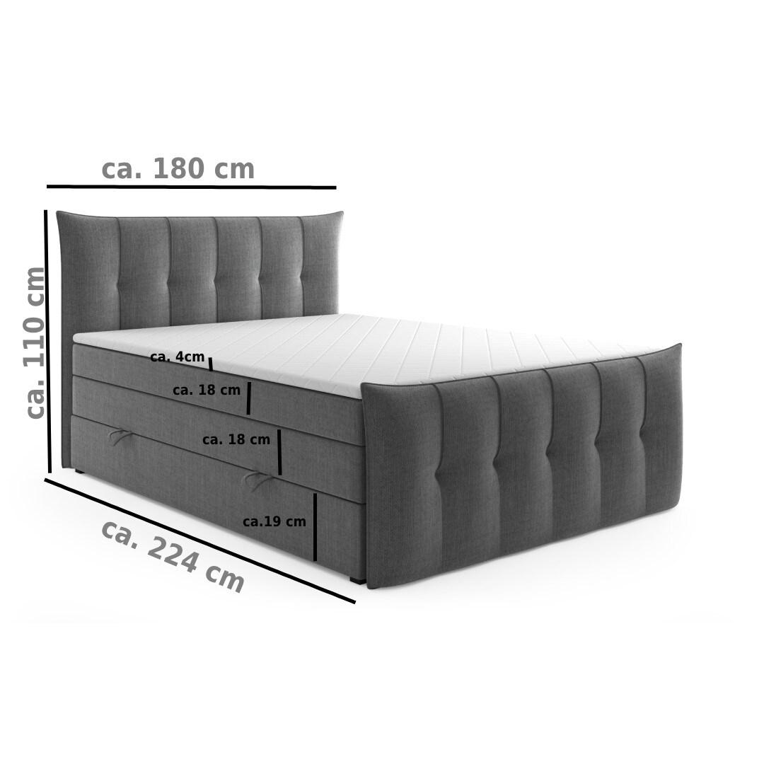 M-Punkt GmbH Boxspringbett PORTO mit Bettkasten 180 x 200 cm Webstoff Anthrazit - versch. Ausführungen