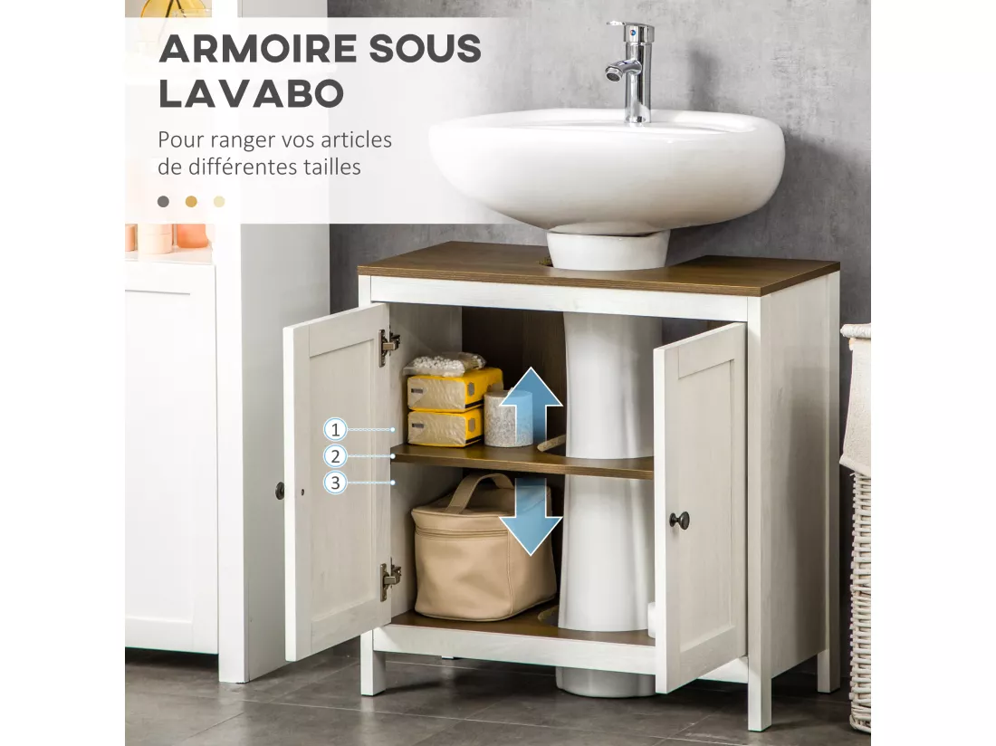Meuble salle de bain - meuble sous-vasque - placard 2 portes avec étagère - panneaux blanc aspect bois noyer